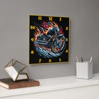 A roaring motorcycle surrounded by fiery flames square wall clock