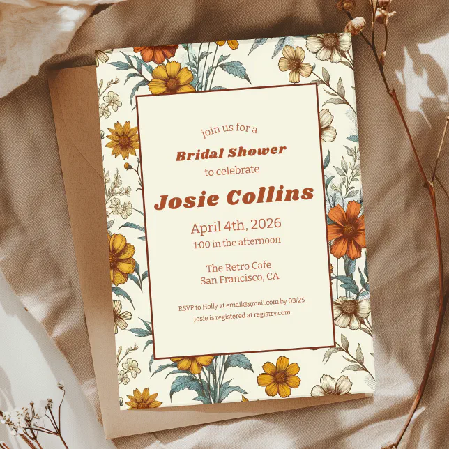 Retro Vintage Floral 70s Timeless Bridal Shower Invitation