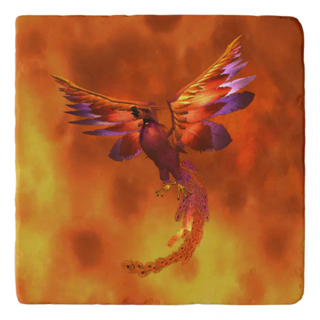 Colorful Phoenix Flying Against a Fiery Background Trivet