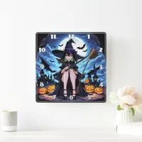 A witch sits by pumpkins under the moonlight square wall clock