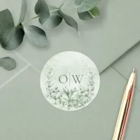 Monogram Botanical Eucalyptus Wedding Classic Round Sticker