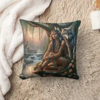 Native American Woman Sitting by Stream With Wolf Throw Pillow