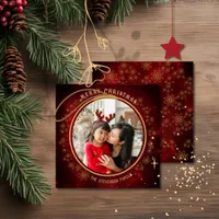 Elegant  Christmas Photo Red Gold Stars Holiday Card