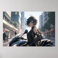 Anime woman biking downtown
