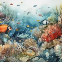 Miami Beach coral reef and fishes watercolor
