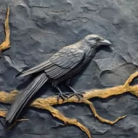 Perched raven in bas relief on slate wall