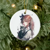 Anime Girl Holding Her Cat Watercolor Portrait Ceramic Ornament