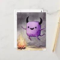 Watercolor Cute Purple Monster and a Campfire Postcard