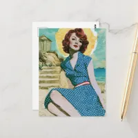 A Day at the Beach Retro Woman in Blue Polka Dots Postcard