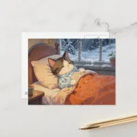 Cute Sleeping Cat Winter Snow Outside Postcard
