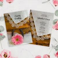 Pink Daisy and Lace Country Western Wedding Invitation