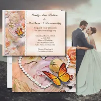 Pearl Heart Orange Roses & Butterflies Wedding Invitation