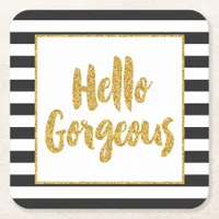 Hello Gorgeous Faux Gold Glitter Striped Square Paper Coaster