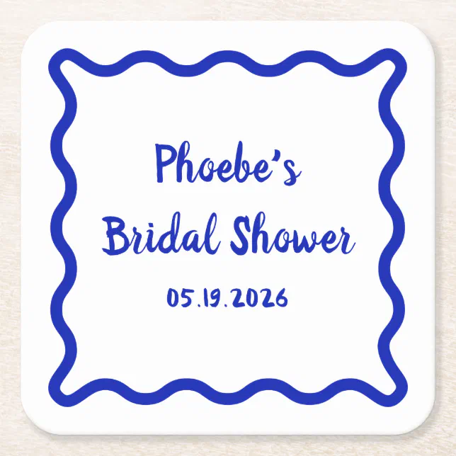 Handwritten Whimsical Wavy Border Bridal Shower Square Paper Coaster