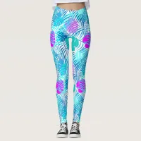 Aqua Blue and Pink Tropical Leaf Patterned Leggings