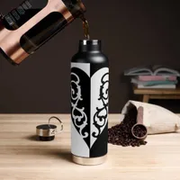 Black &White Filigree Heart Water Bottle