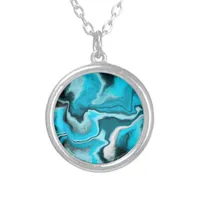 Blue, Black and White Marble Fluid Art   Silver Plated Necklace