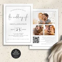 3 Photos Script Line Border QR Black White Wedding Invitation