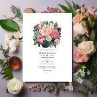 Dark Green and Pastel Pink Floral Wedding Invitation