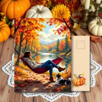 Pretty Autumn Scene with Woman and Dog Postcard