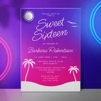 Girly Purple Tropical Sunset Script Sweet Sixteen Invitation