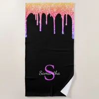 Girly Rainbow Glitter Drips Monogram Name Beach Towel