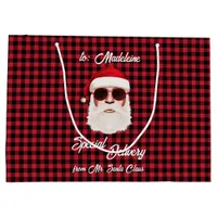 Fun Special Delivery Santa Red Black Buffalo Plaid Large Gift Bag