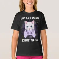 One Life Down Gamer White Purple Cartoon Cat T-Shirt