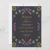 Mexican Black Fiesta Colorful Floral Boda Wedding Invitation