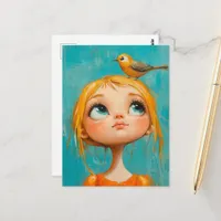 Cute Girl with a yellow bird on her head Postcard