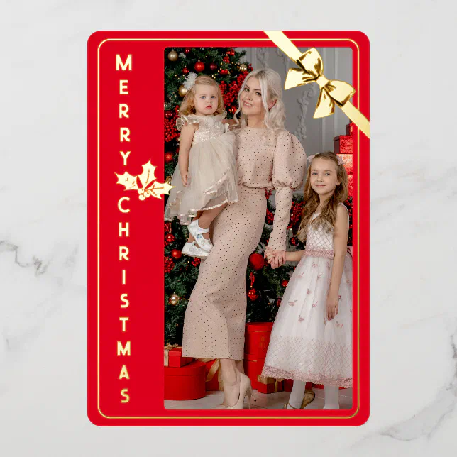 Merry Christmas gold and red family picture card