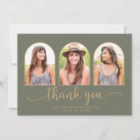 Elegant Arch Sage Green Gold 3 Photo Graduation Thank You Card