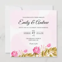Pink Rose Border Floral Watercolor Square Wedding Invitation