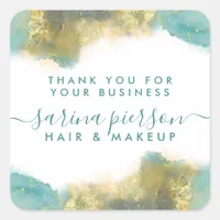 Teal And Gold Modern Art Liquid Watercolor Ink Square Sticker