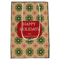 Retro Green Pine Star Red Lace Design Holiday Medium Gift Bag