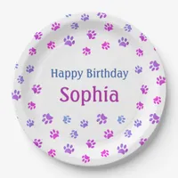 Pink Purple Blue Paw Prints Pet Birthday Party Paper Plates