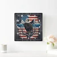 Eagle on Branch With American Flag Square Wall Clock