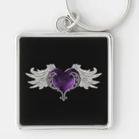 Goth Purple Heart with Angel Wings Keychain