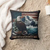 Eagle Standing Proudly Against Mountain and Flag Throw Pillow