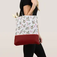 Pretty Watercolor Holly and Berries Color Block Tote Bag
