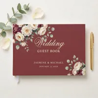 Watercolor Burgundy White Peony Moody Wedding Guest Book