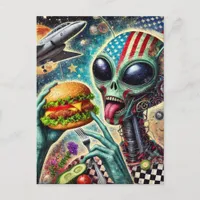 Fun Alien Eating Cheeseburger Encaustic Collage Postcard