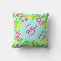 Monogram Floral Tulip Flowers on Blue Throw Pillow