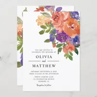 Modern Coral Purple Watercolor Floral Wedding Invitation