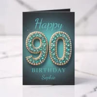Teal Pearl Diamond Glam 90th Birthday Greeting Card