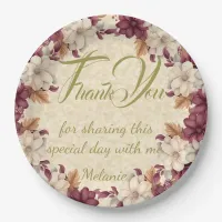 Gold Ivory Maroon Floral Baby Shower Paper Plates