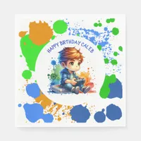 Boy Playing Video Games Personalized Birthday Napkins