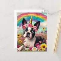 Adorable Boston Terrier Unicorn Puppy Wildflowers Postcard