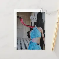 Flamingo Wearing Blue in a room surreal collage Postcard