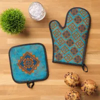 Southwest Mountain Peaks Turquoise Geometric  Oven Mitt & Pot Holder Set